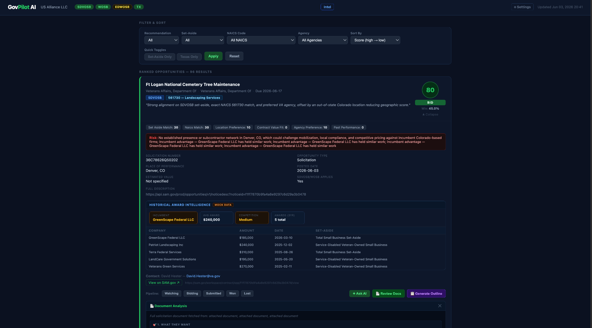 GovPilot AI platform preview showing federal contract opportunities with match scores